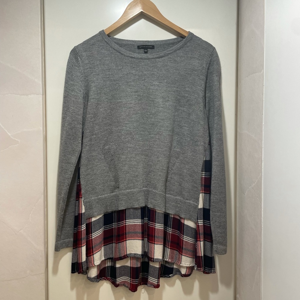 STACCATO PLAID MIXED MEDIA SWEATER WITH PEPLUM SIZE LARGE